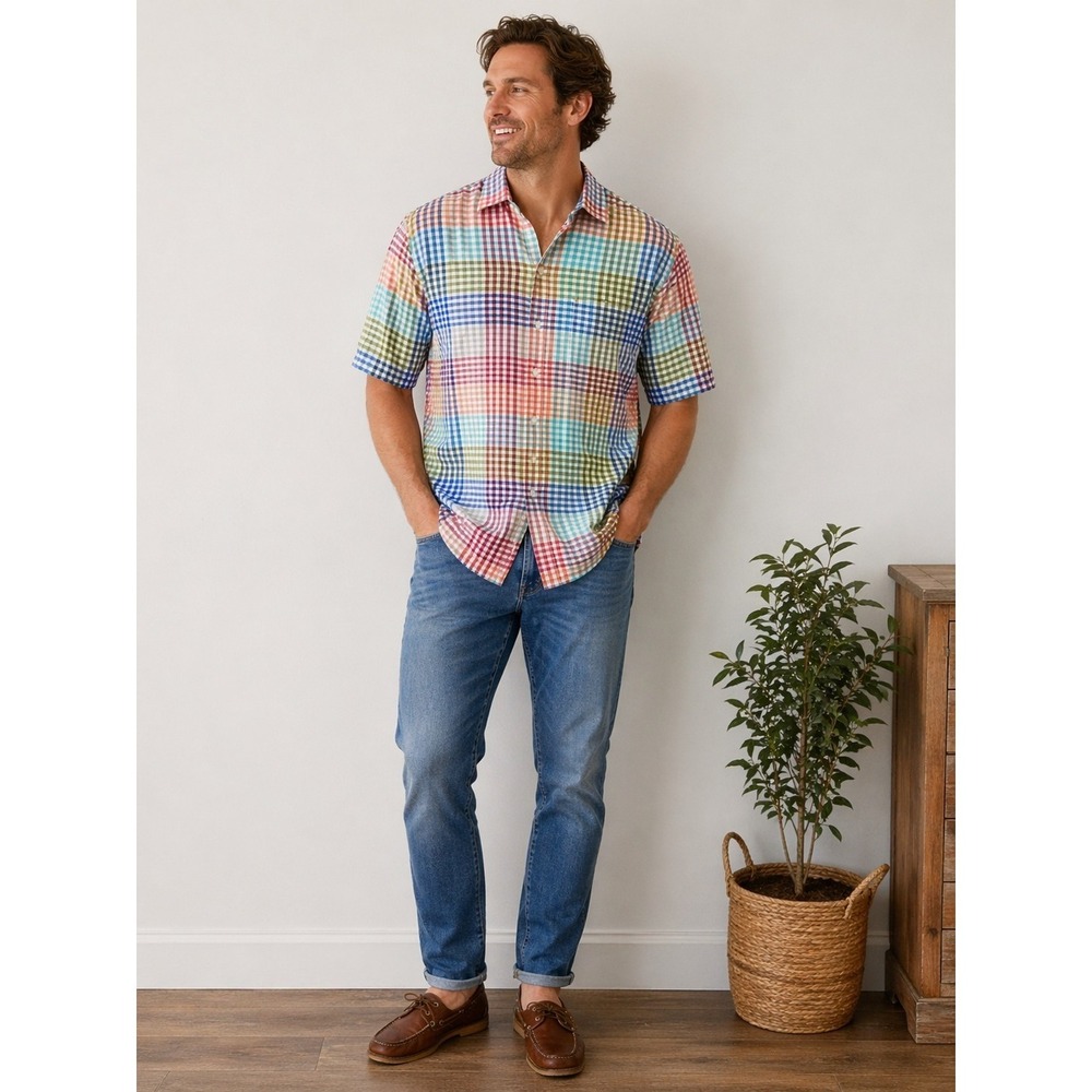 Tommy Bahama Shirt Men's M Blue White Plaid Cotton Tencel Lyocell Preppy Casual